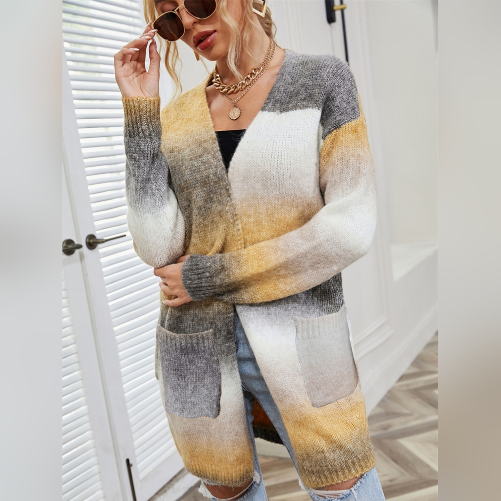 Retro Knit Longline Cardigan Colorful Ombre Patch Pocket Open Sweater Duster